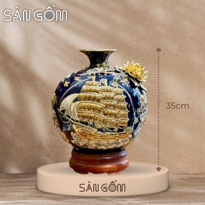 Bình hút lộc thuận buồm vạn lộc men xanh coban đắp nổi vẽ vàng SG-BHL177