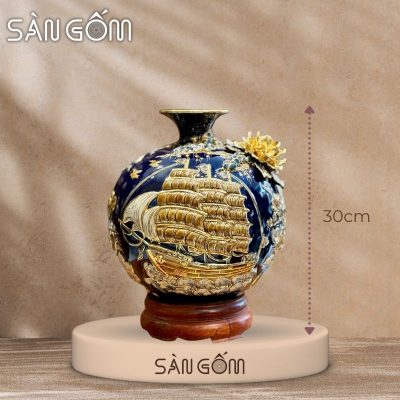 Bình hút lộc thuận buồm vạn lộc men xanh coban đắp nổi vẽ vàng SG-BHL177