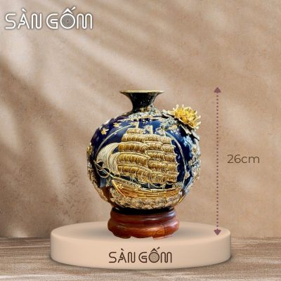 Bình hút lộc thuận buồm vạn lộc men xanh coban đắp nổi vẽ vàng SG-BHL177