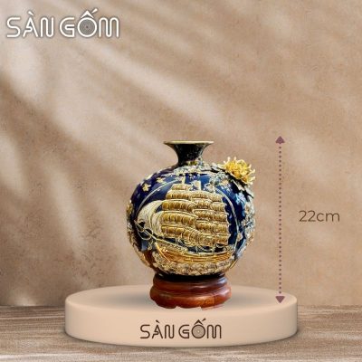 Bình hút lộc thuận buồm vạn lộc men xanh coban đắp nổi vẽ vàng SG-BHL177