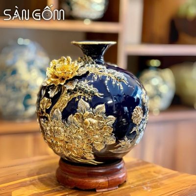 Bình hút lộc thuận buồm vạn lộc men xanh coban đắp nổi vẽ vàng SG-BHL177