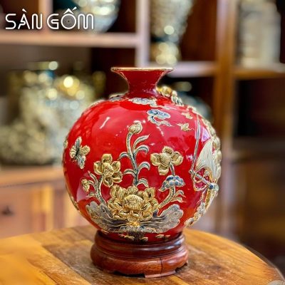 Bình hút lộc thuận buồm xuôi gió men đỏ đắp nổi vẽ vàng SG-BHL173