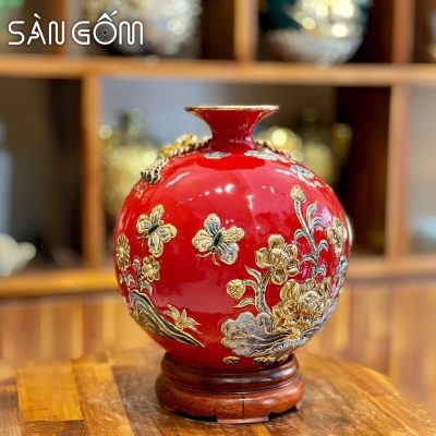 Bình hút lộc thuận buồm xuôi gió men đỏ đắp nổi vẽ vàng SG-BHL173