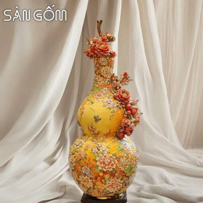 Hồ lô họa tiết ngàn hoa phú quý men vàng đắp nổi vẽ vàng SG-HL34