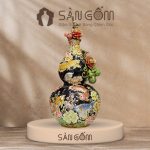 Bình hồ lô cửu ngư vạn phúc men xanh than vẽ vàng đắp nổi SG-HL28