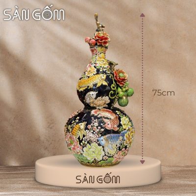 Bình hồ lô cửu ngư vạn phúc men xanh than vẽ vàng đắp nổi SG-HL28