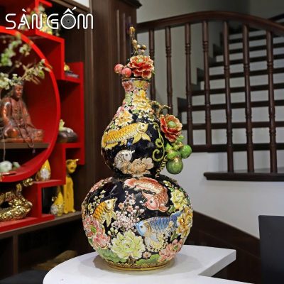 Bình hồ lô cửu ngư vạn phúc men xanh than vẽ vàng đắp nổi SG-HL28