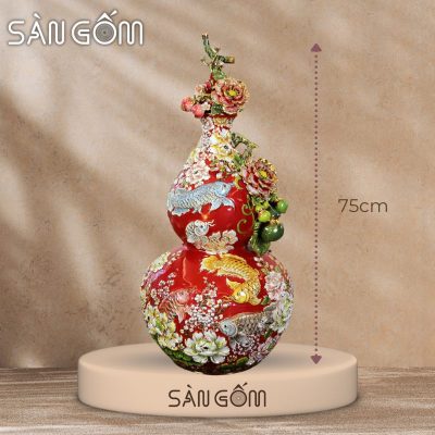Bình hồ lô cá rồng ngàn hoa men đỏ đắp nổi gốm Bát Tràng SG-HL27