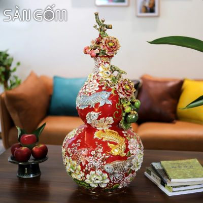Bình hồ lô cá rồng ngàn hoa men đỏ đắp nổi gốm Bát Tràng SG-HL27