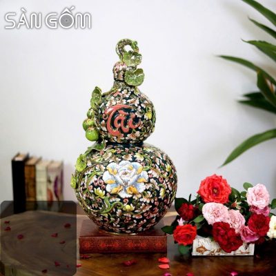 Hồ lô họa tiết dây hoa đắc Tài men xanh cổ vịt đắp nổi vẽ vàng SG-HL48