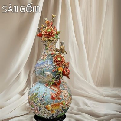 Bình hồ lô họa tiết cửu ngư vạn phúc men xanh đắp nổi SG-HL29