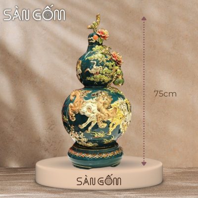 Bình hồ lô mã đáo thành công men xanh cổ vịt vẽ vàng đắp nổi SG-HL43