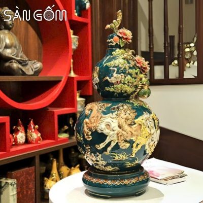 Bình hồ lô mã đáo thành công men xanh cổ vịt vẽ vàng đắp nổi SG-HL43