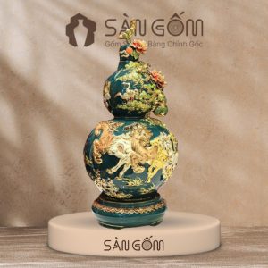 Bình hồ lô mã đáo thành công men xanh cổ vịt vẽ vàng đắp nổi SG-HL43