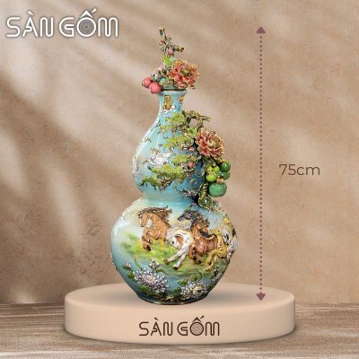 Bình hồ lô mã đáo thành công men xanh ngọc vẽ vàng đắp nổi SG-HL41