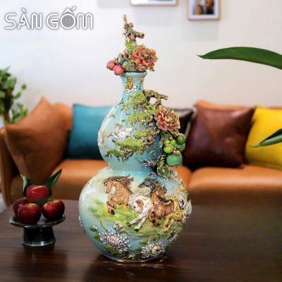 Bình hồ lô mã đáo thành công men xanh ngọc vẽ vàng đắp nổi SG-HL41