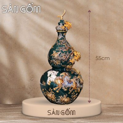 Bình hồ lô mã đáo thành công men xanh cổ vịt vẽ vàng đắp nổi SG-HL33