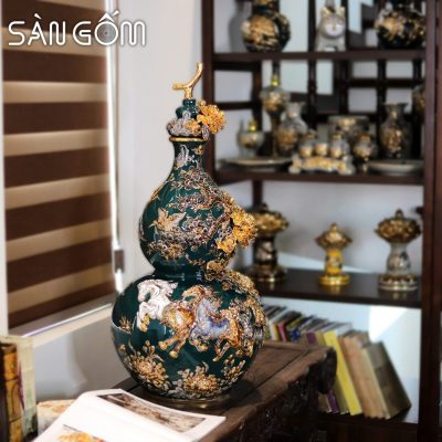 Bình hồ lô mã đáo thành công men xanh cổ vịt vẽ vàng đắp nổi SG-HL33