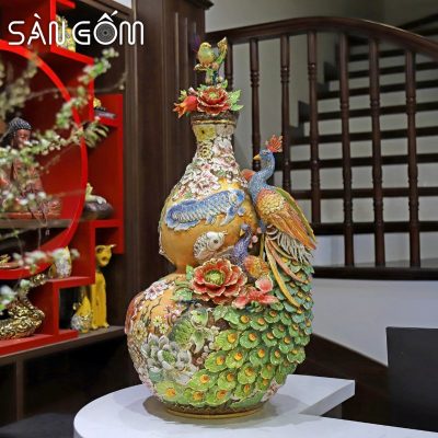 Bình hồ lô ngàn hoa phú quý men vàng đắp nổi SG-HL45