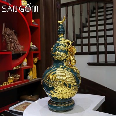 Hồ lô thuận buồm vạn lộc men xanh cổ vịt vẽ vàng đắp nổi SG-HL26