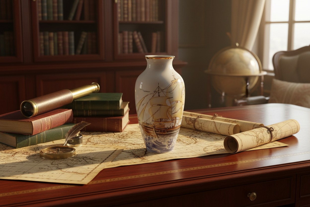 The gold-plated sailboat vase sits elegantly on...