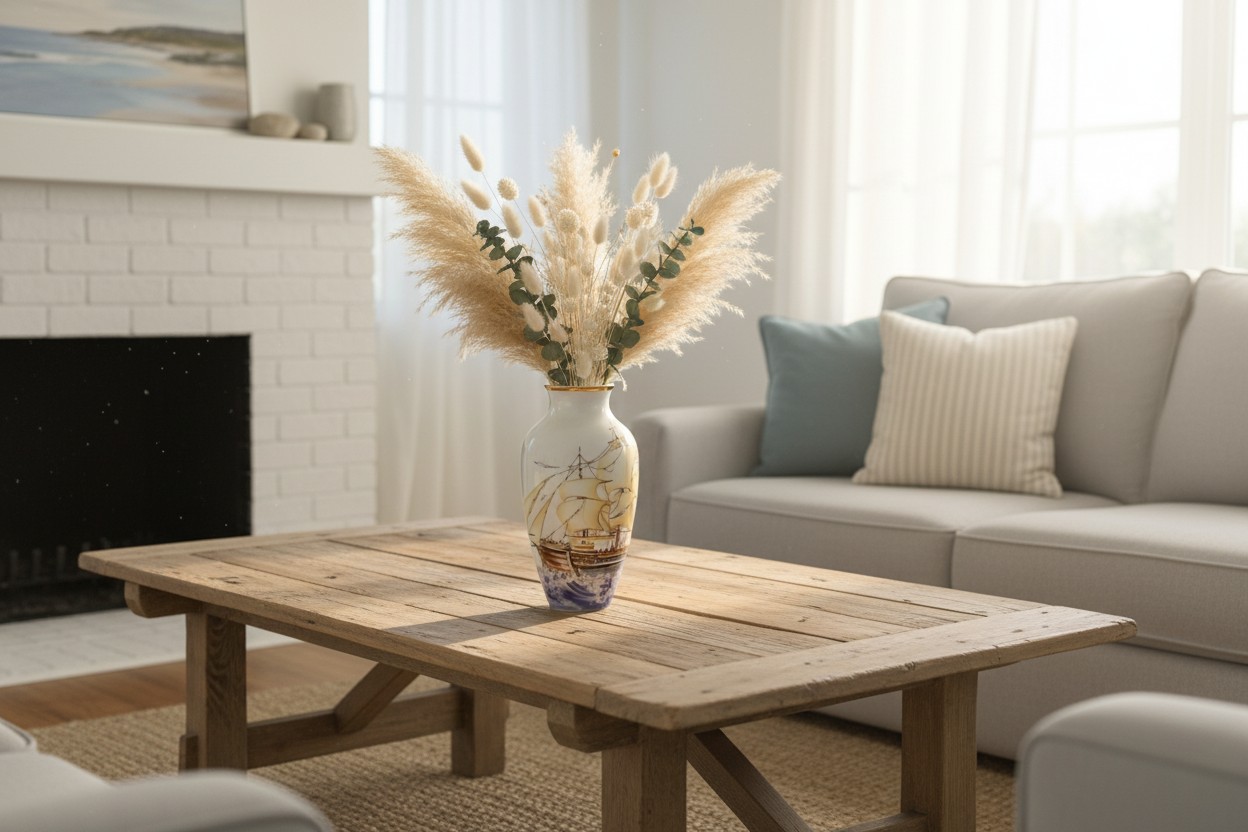 A serene coastal living room features the sailb...