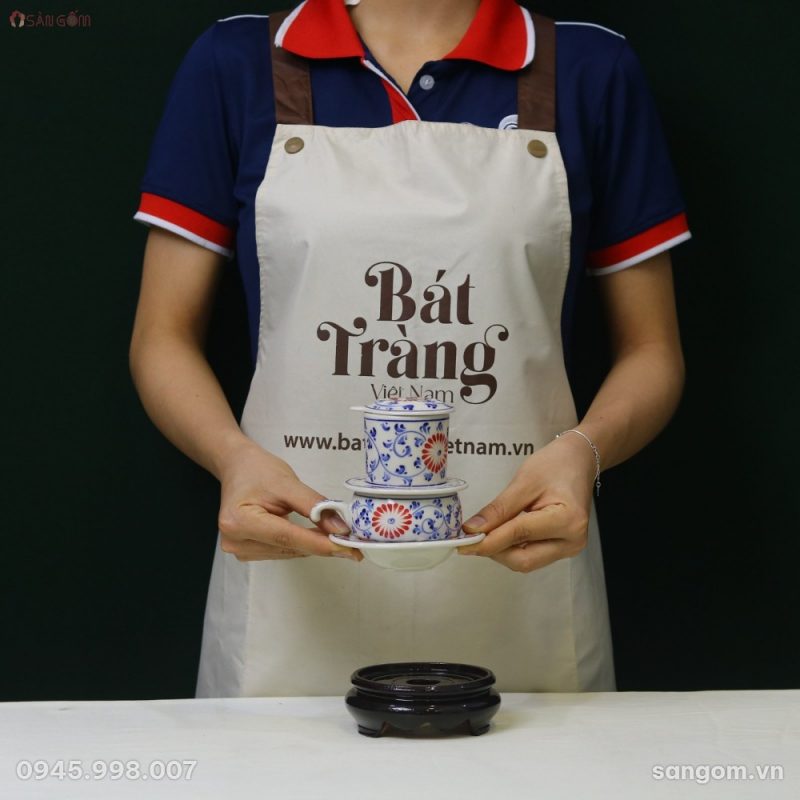 Bộ Phin Ly Cà Phê Gốm Sứ Bát Tràng Vẽ Tay Họa Tiết Hoa Dây Men Lam - Chi tiết 2