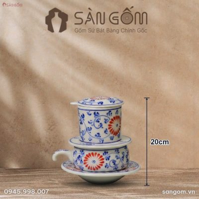 Kích thước Bộ Phin Ly Cà Phê Gốm Sứ Bát Tràng Vẽ Tay Họa Tiết Hoa Dây Men Lam