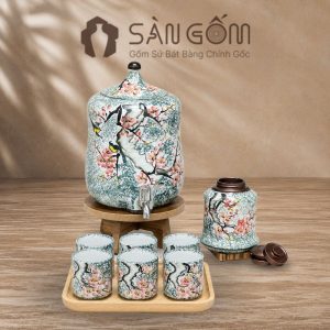Bộ bình nước dáng đu đủ men xanh dương họa tiết chim én hoa đào vẽ tay SG-BBN36
