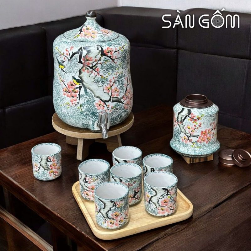 Bộ bình nước dáng đu đủ men xanh dương họa tiết chim én hoa đào vẽ tay SG-BBN36 - Ảnh 2