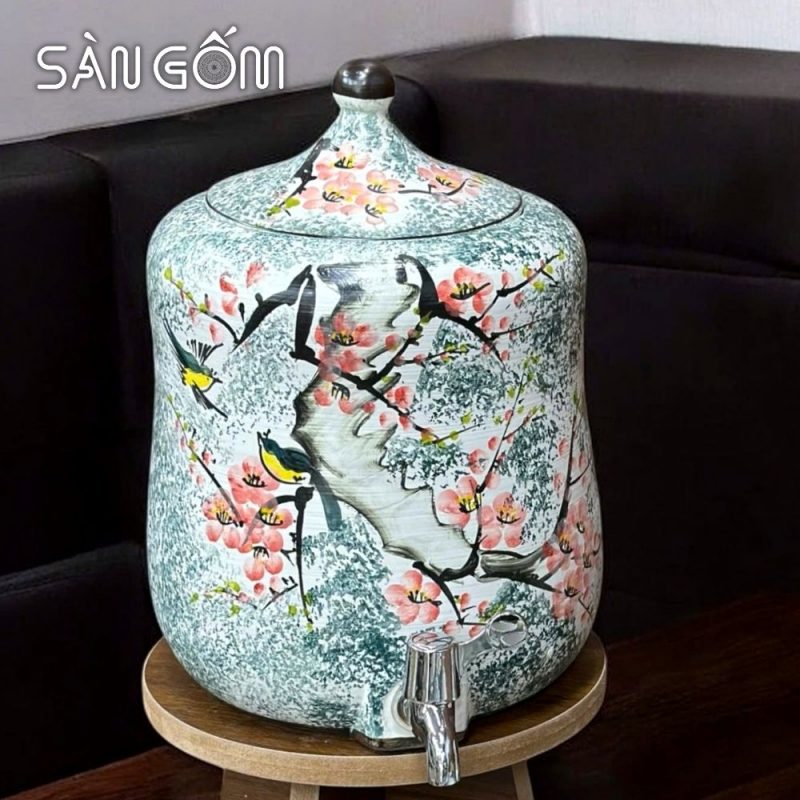 Bộ bình nước dáng đu đủ men xanh dương họa tiết chim én hoa đào vẽ tay SG-BBN36 - Ảnh 3
