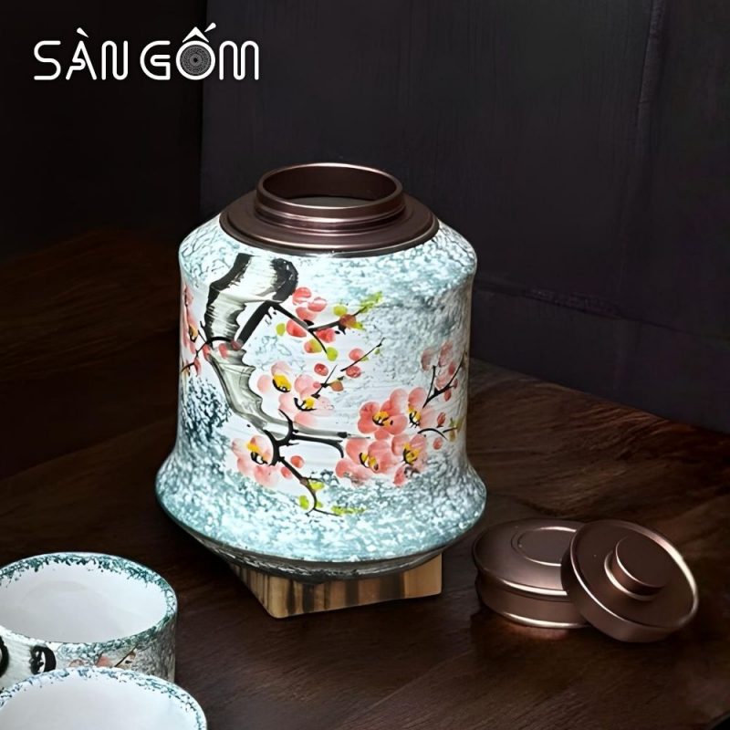 Bộ bình nước dáng đu đủ men xanh dương họa tiết chim én hoa đào vẽ tay SG-BBN36 - Ảnh 5
