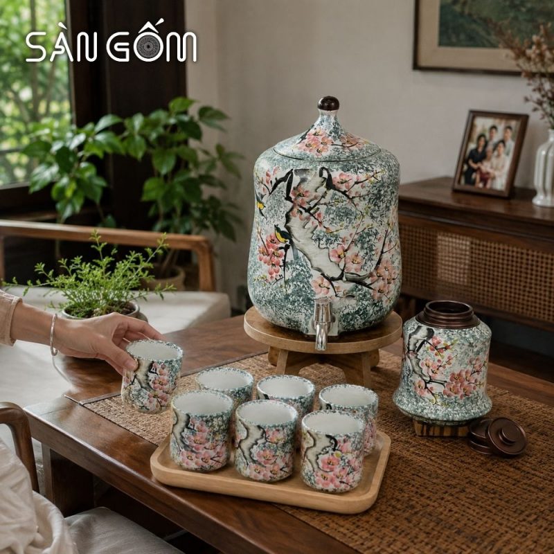 Bộ bình nước dáng đu đủ men xanh dương họa tiết chim én hoa đào vẽ tay SG-BBN36 - Ảnh 6
