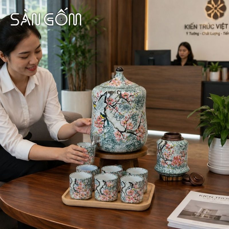 Bộ bình nước dáng đu đủ men xanh dương họa tiết chim én hoa đào vẽ tay SG-BBN36 - Ảnh 7