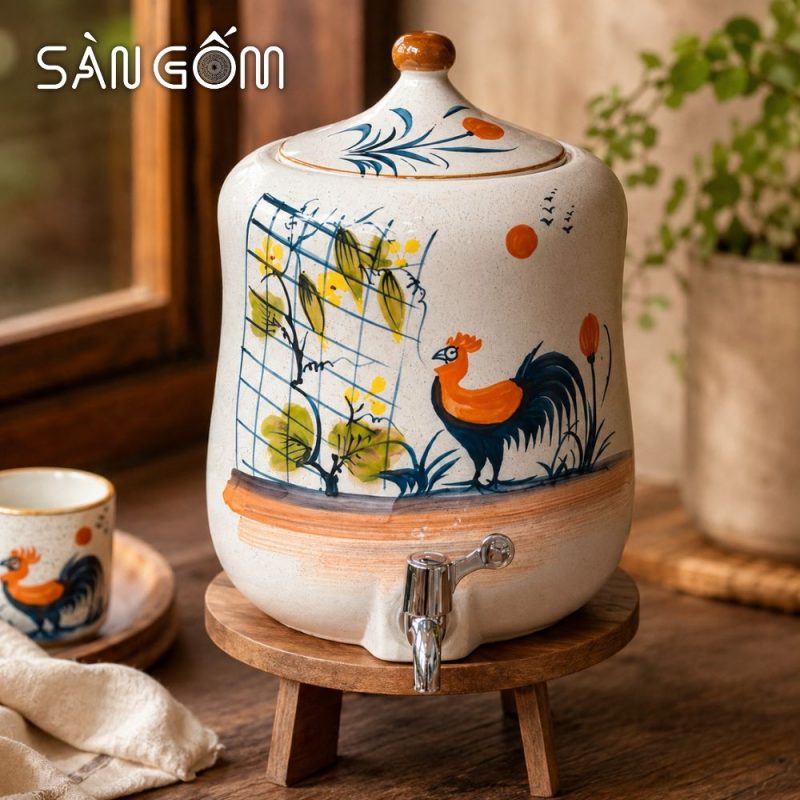 Bộ bình nước Bát Tràng dáng đu đủ vẽ tay gà trống phú quý men kem SG-BBN01 - Ảnh 3