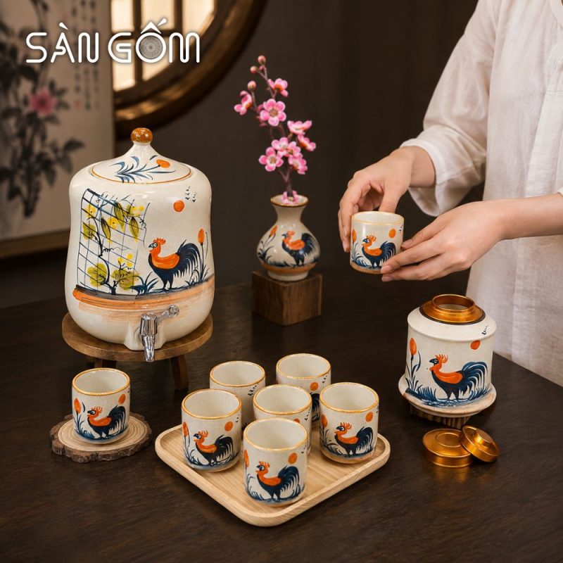 Bộ bình nước Bát Tràng dáng đu đủ vẽ tay gà trống phú quý men kem SG-BBN01 - Ảnh 5