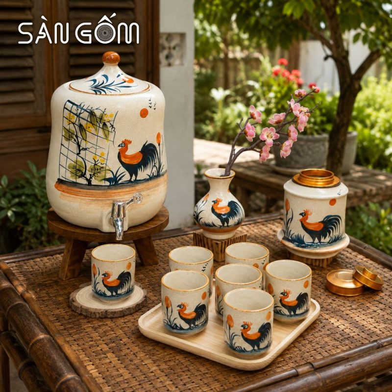 Bộ bình nước Bát Tràng dáng đu đủ vẽ tay gà trống phú quý men kem SG-BBN01 - Ảnh 9