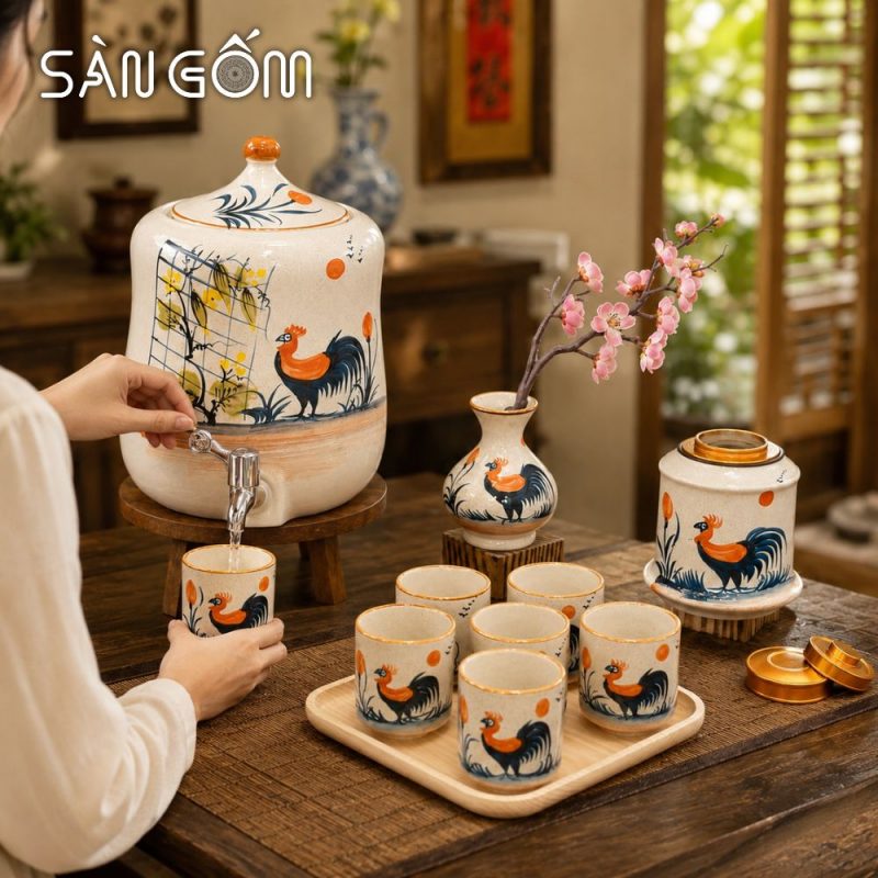 Bộ bình nước Bát Tràng dáng đu đủ vẽ tay gà trống phú quý men kem SG-BBN01 - Ảnh 8
