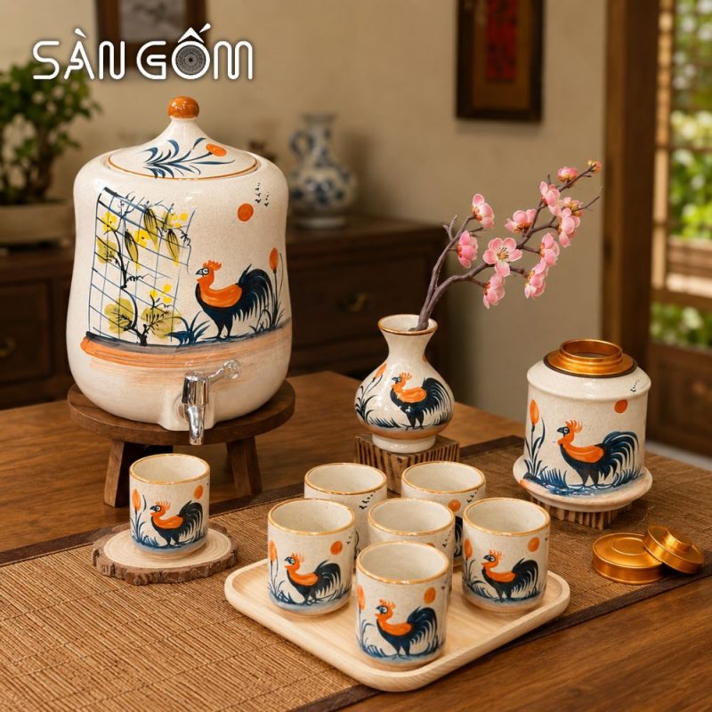 Bộ bình nước Bát Tràng dáng đu đủ vẽ tay gà trống phú quý men kem SG-BBN01 - Ảnh 6