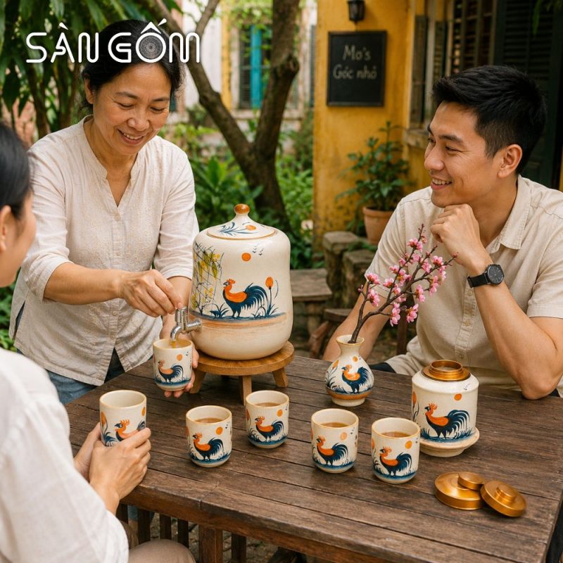 Bộ bình nước Bát Tràng dáng đu đủ vẽ tay gà trống phú quý men kem SG-BBN01 - Ảnh 7