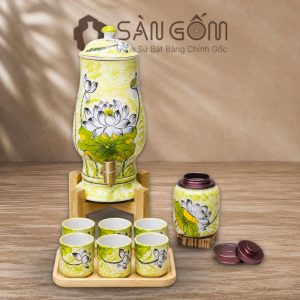 Bộ bình nước dáng ly men ngọc họa tiết hoa sen trắng vẽ tay SG-BBN33