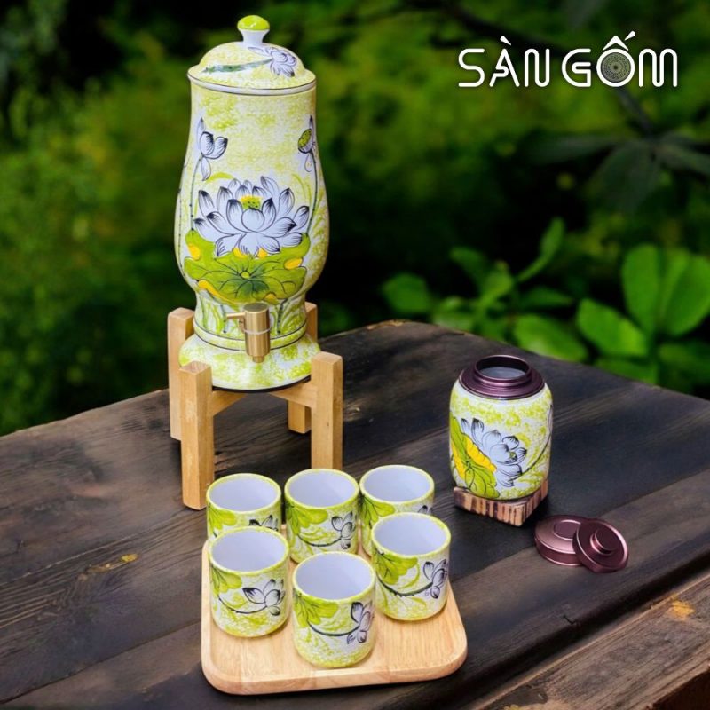 Bộ bình nước dáng ly men ngọc họa tiết hoa sen trắng vẽ tay SG-BBN33 - Ảnh 2