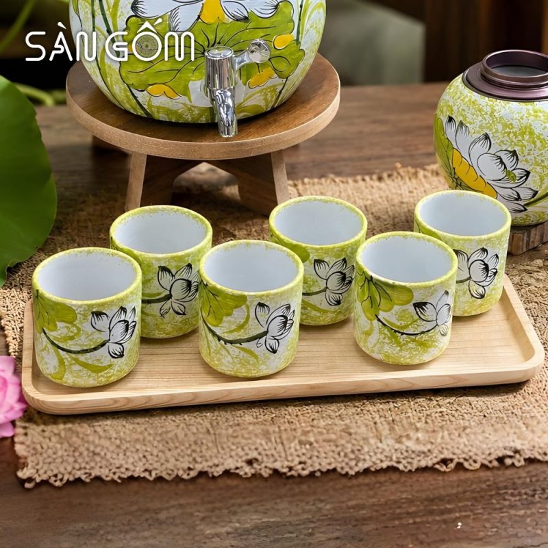 Bộ bình nước dáng ly men ngọc họa tiết hoa sen trắng vẽ tay SG-BBN33 - Ảnh 4