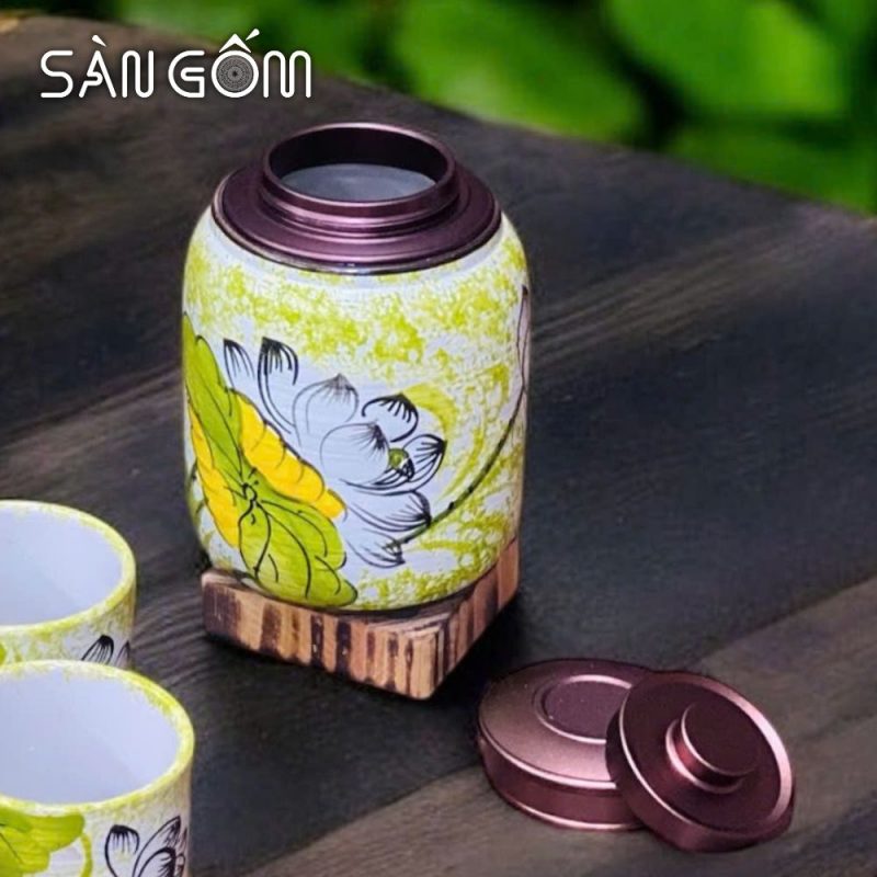 Bộ bình nước dáng ly men ngọc họa tiết hoa sen trắng vẽ tay SG-BBN33 - Ảnh 5
