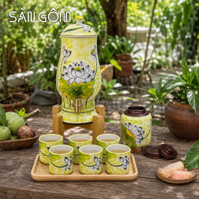 Bộ bình nước dáng ly men ngọc họa tiết hoa sen trắng vẽ tay SG-BBN33 - Ảnh 8