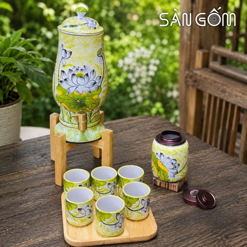 Bộ bình nước dáng ly men ngọc họa tiết hoa sen trắng vẽ tay SG-BBN33 - Ảnh 6