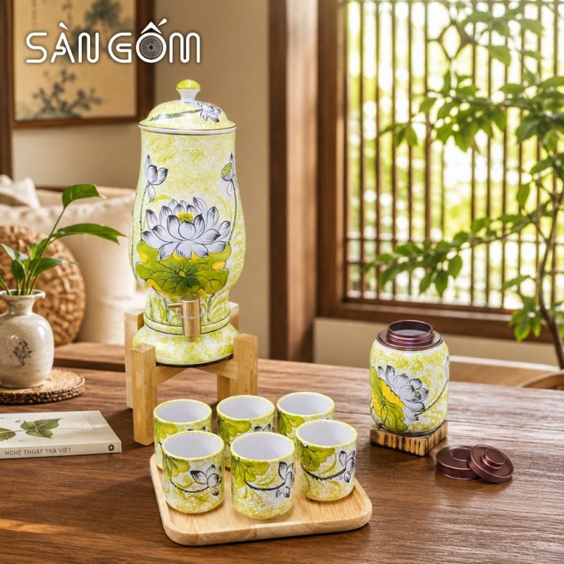 Bộ bình nước dáng ly men ngọc họa tiết hoa sen trắng vẽ tay SG-BBN33 - Ảnh 7