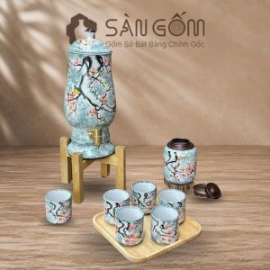 Bộ bình nước dáng ly vẽ chim én hoa đào men xanh dương SG-BBN38