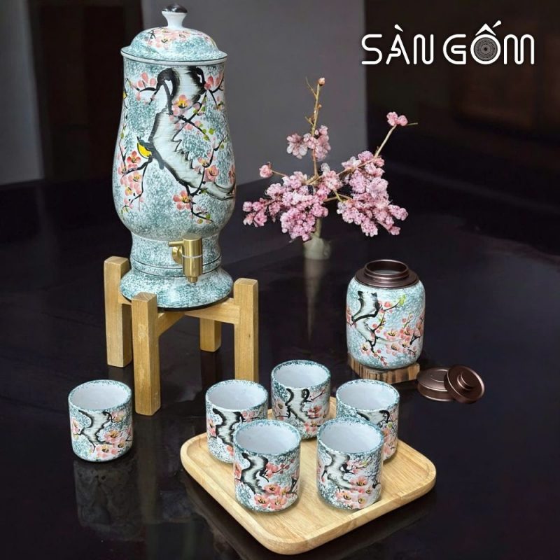 Bộ bình nước dáng ly vẽ chim én hoa đào men xanh dương SG-BBN38 - Ảnh 2