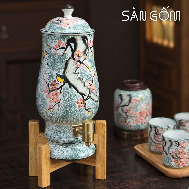 Bộ bình nước dáng ly vẽ chim én hoa đào men xanh dương SG-BBN38 - Ảnh 3